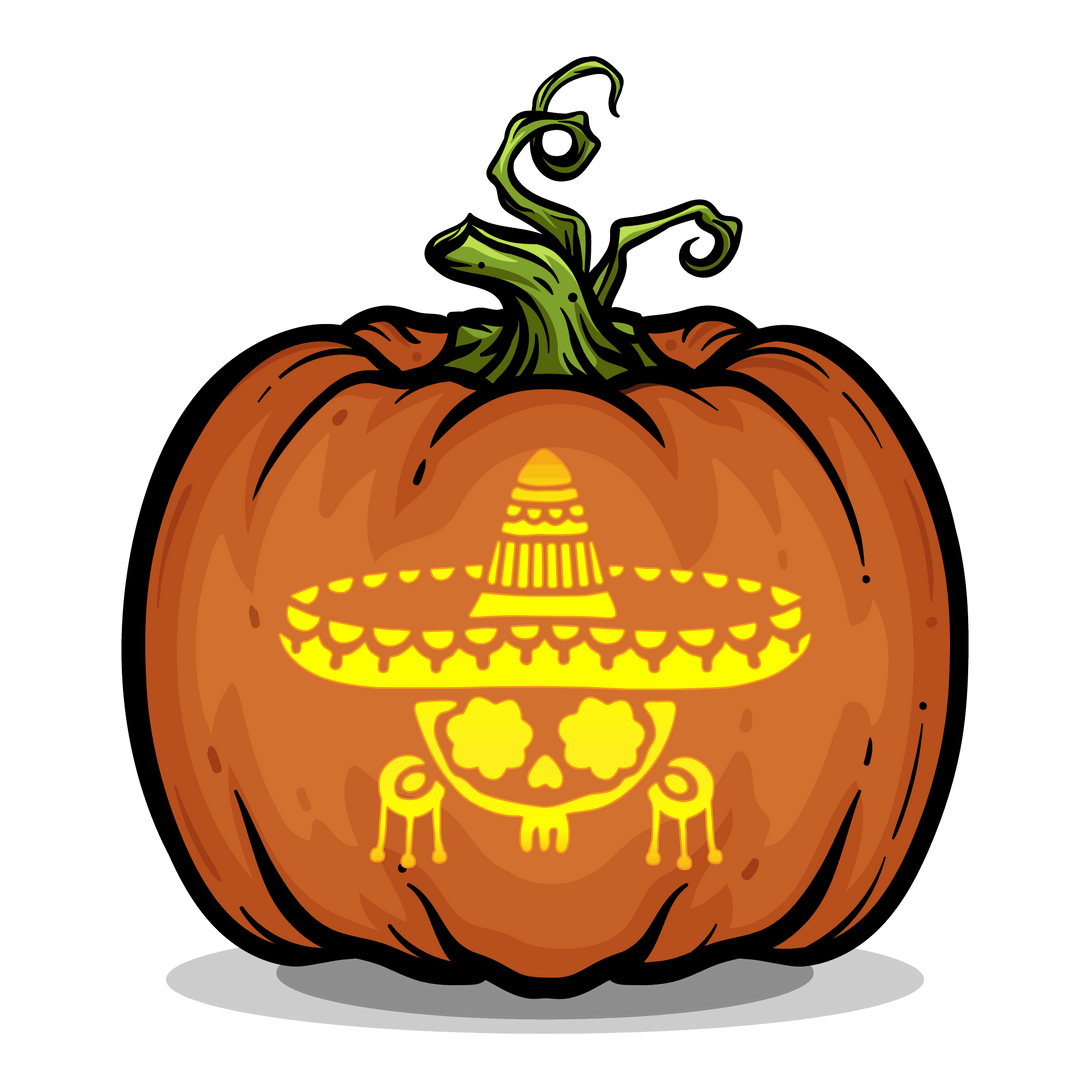 Day of the Dead Skull Sombrero Pumpkin Carving Stencil - Pumpkin HQ